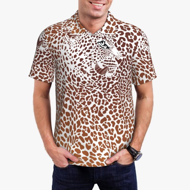 Fotbe Leopard Brown Camiseta Polo de Golf para Hombre con Estampado – Camisa Deportiva Transpirable con Cuello Abotonado-Medium