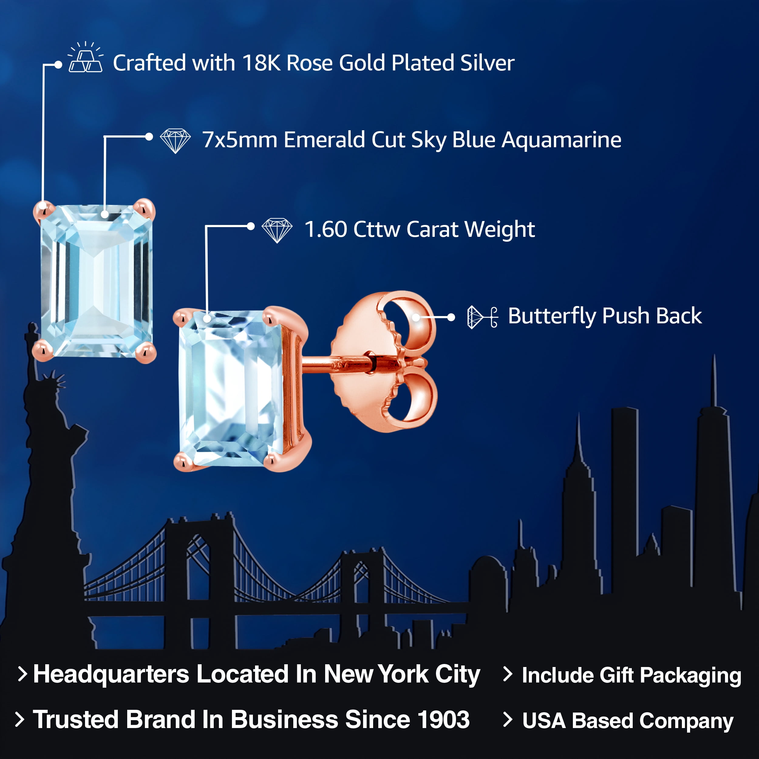 Gem Stone King 1.60 Ct Octagon 7x5mm Sky Blue Aquamarine 18K Rose Gold Plated Silver Stud Earrings for Women Men