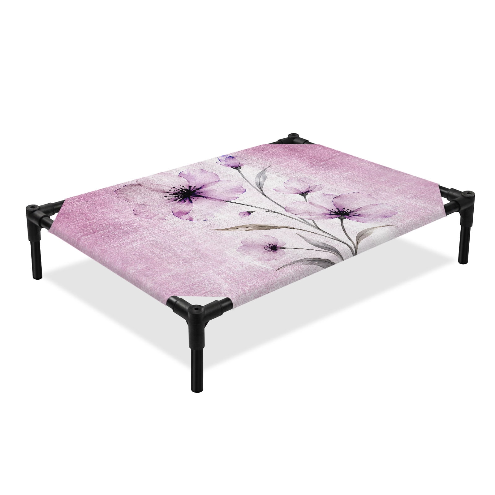Whimsical Translucent Floral Elevated Dog Bed Shabby Chic Pink Flower Cooling Breathable Outdoor Raised Dog Cot Bed with Metal Frame Non-Slip Feet for Large Dog 28x22in