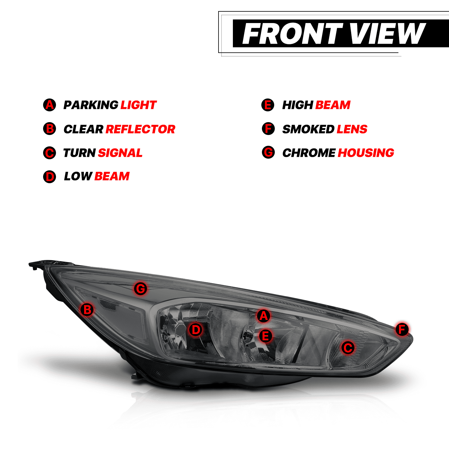 M-AUTO Pair Replacement Headlight Assembly for 2015 2016 2017 2018 Ford Focus 4 Door, Chrome Housing Smoke Lens Clear Corner