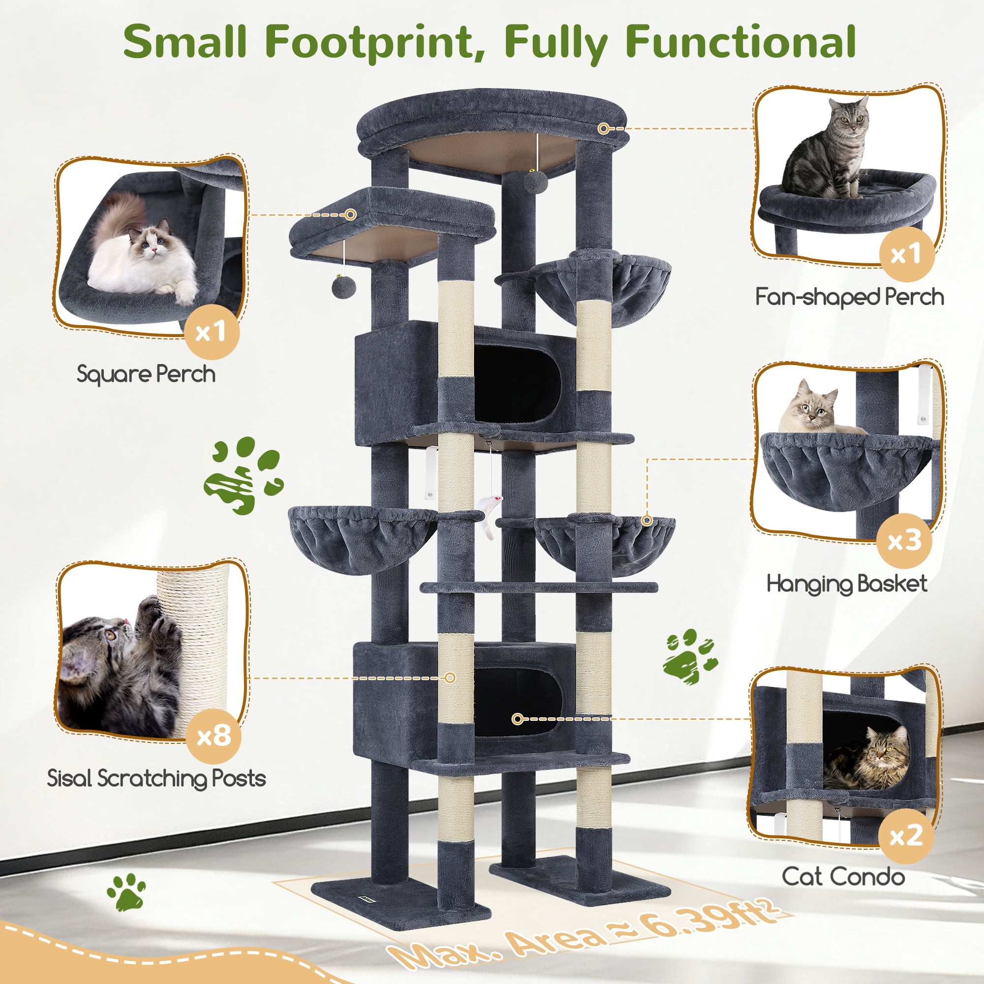 Globlazer 84" Multilevel Large Cat Tree Tower for Indoor Cats with 2 Condos, 3 Hanging Baskets & 8 Scratching Posts, Dark Gray