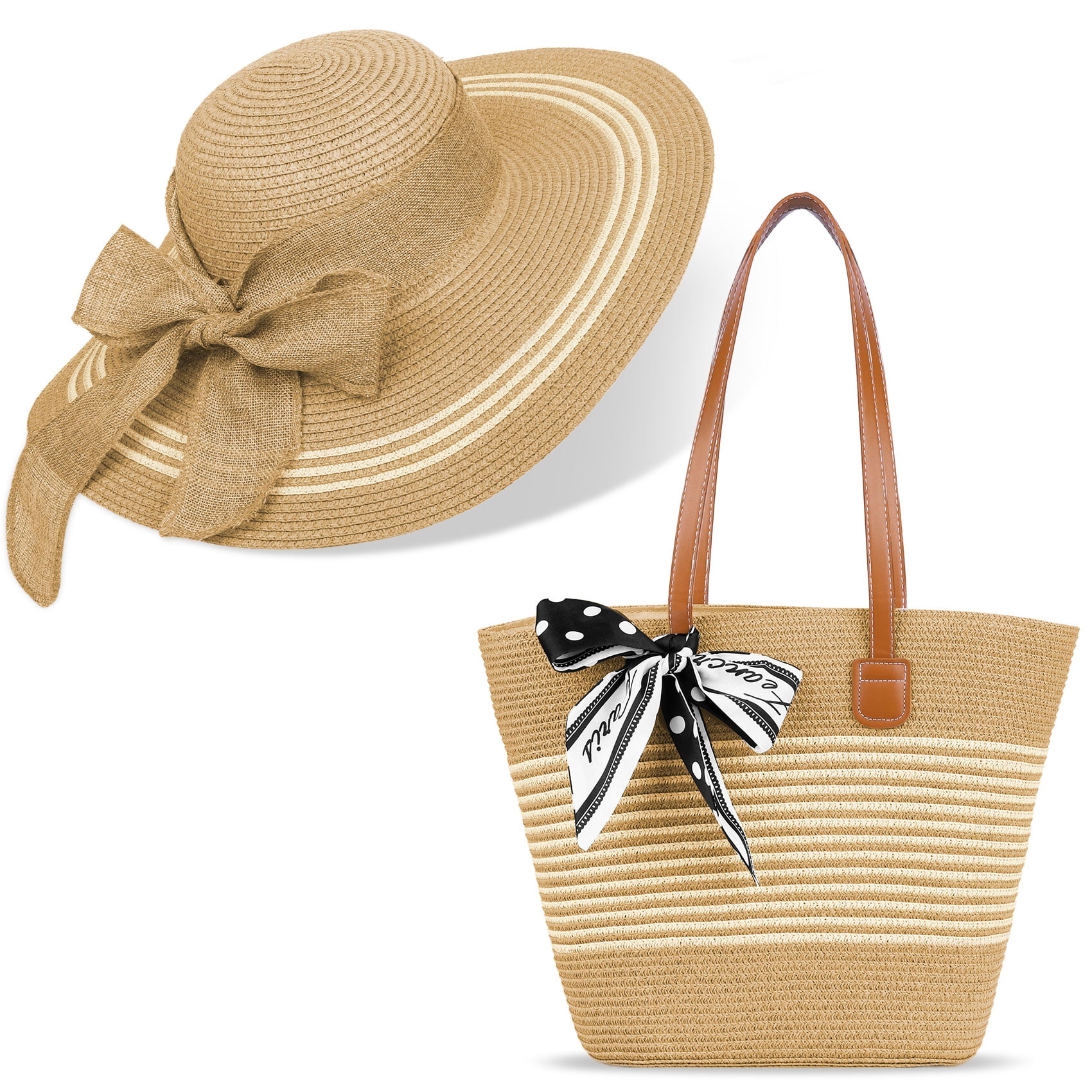 Straw Hat and Woven Tote Bag Set with Clip UPF 50+ Sun Protection Woven Straw Tote and Sun Hat Set – Handbag Factory main image 2