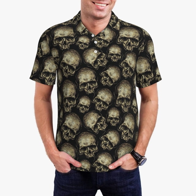 Balery funny Retro Skull Camisa Polo de Hombre con Estampado, de Manga Corta y Tejido Medio, Camisa Tipo Golf Polo-XX-Large