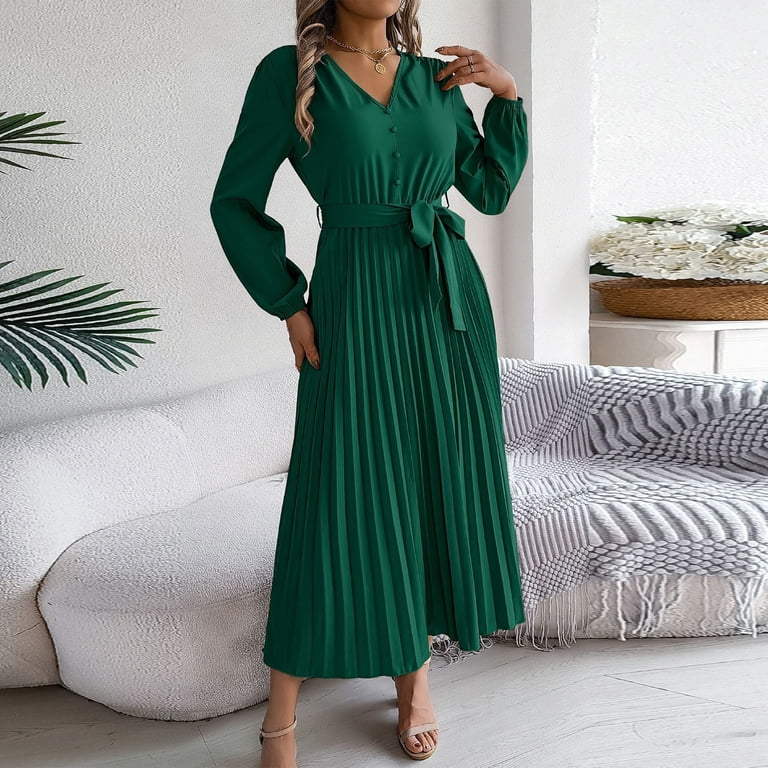 Women's Elegant Long Sleeve Pleated Midi Dress with Belt V-Neck Button Down  A-Line Dress for Formal and Casual Occasions - Walmart.com