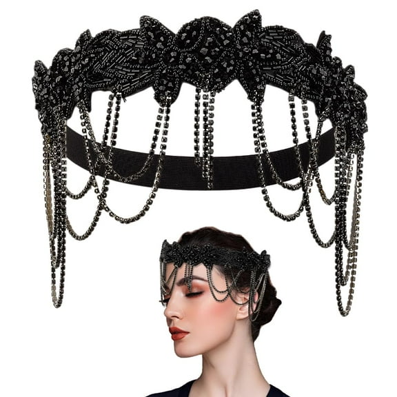 20s Great Gatsby Headband 1920s Flapper Headpiece Roaring Chain Black Rhinestone Fringe Hairband Vintage Rhinestone Forehead Accessory for Women Party Holiday Daily Hair Decor