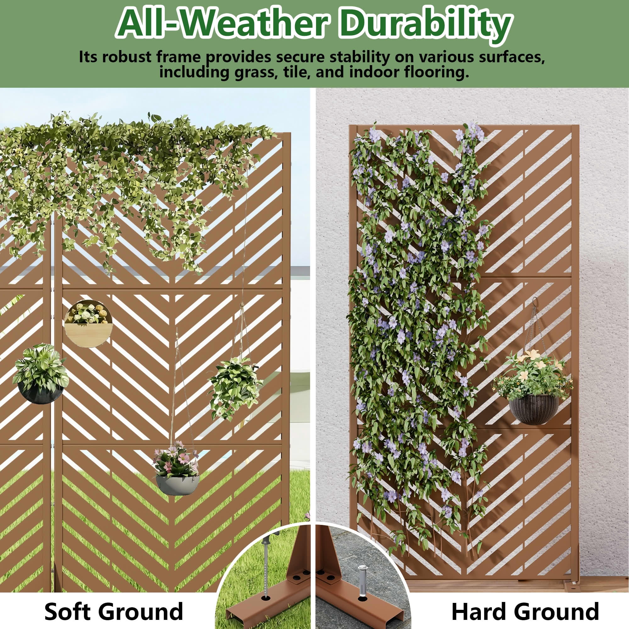 MAYEERTY 2-Piece Outdoor Metal Privacy Screen 5ft Brown, 3-Panel Parallel Decorative Screen, Rust-Resistant for Patio