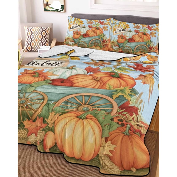 Orange Fall Pumpkins Queen Size Down Alternative Comforter, Lightweight Comforter Quilt Bedding Set with Pillow Shams Thanksgiving Botanical Blue All Seasons Bed Comforter Duvet Insert 90"x96"