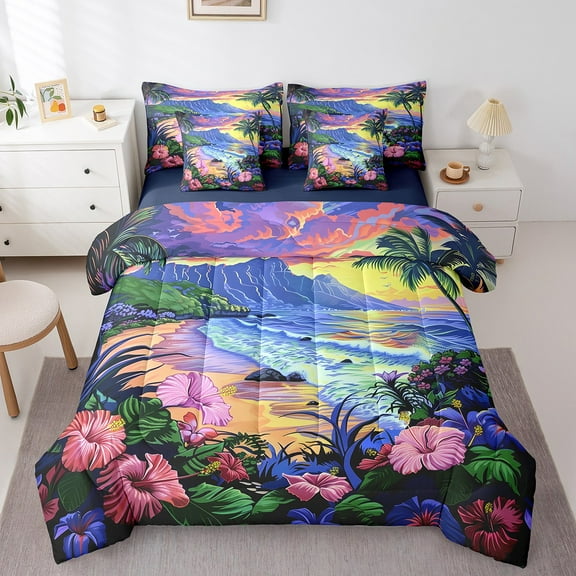 Erosebridal Beach Bedding Twin Size, Tropic Flower Bedding Sets Twin Size, Ocean Marine Reversible Comforter Sets with Sheets, Microfiber Bedroom Decorative, 7 Pieces