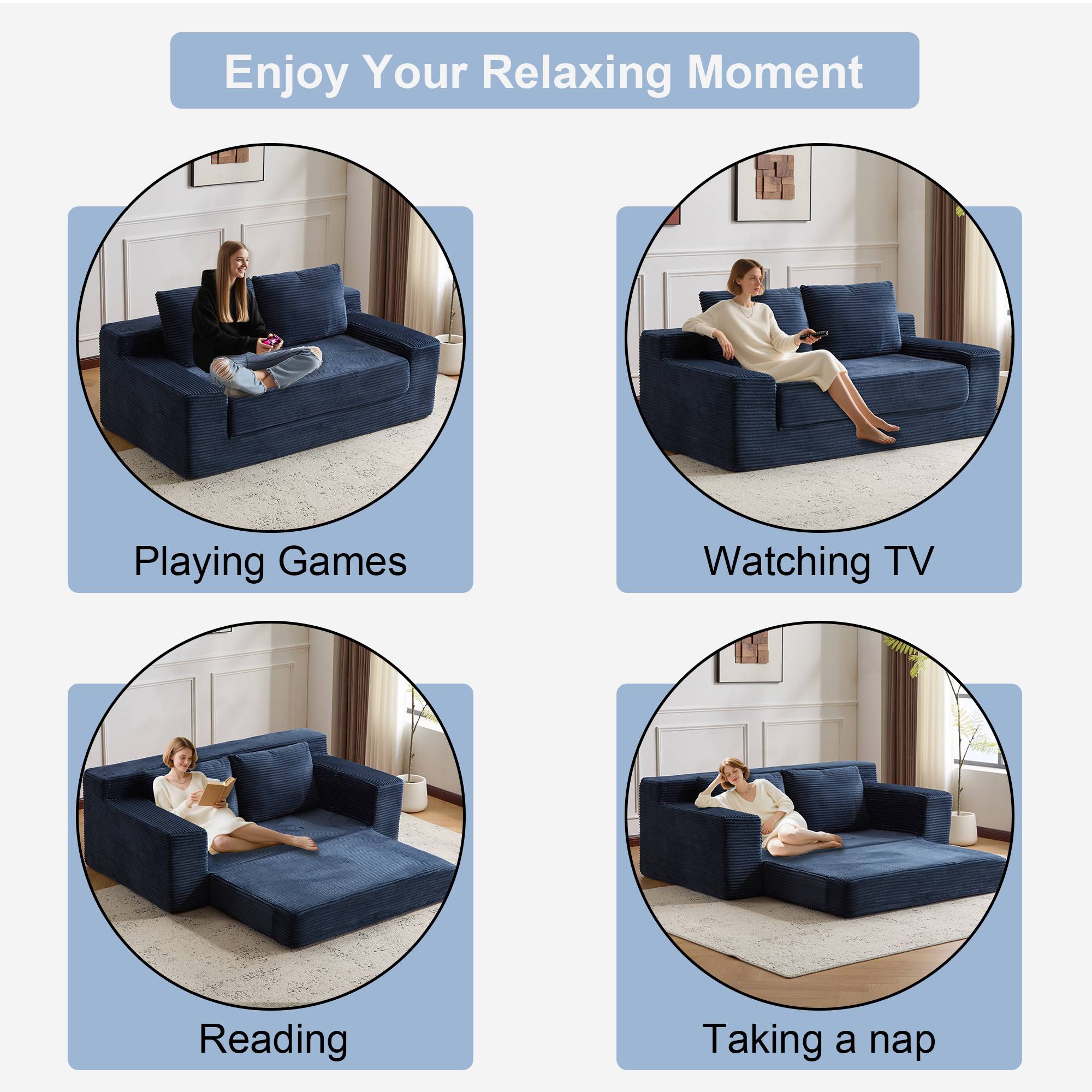 Sectional Couches for Living Room, Modular Cloud Sofa&nbsp;Comfy Corduroy Fluffy Couch for Living Room, Dark Blue