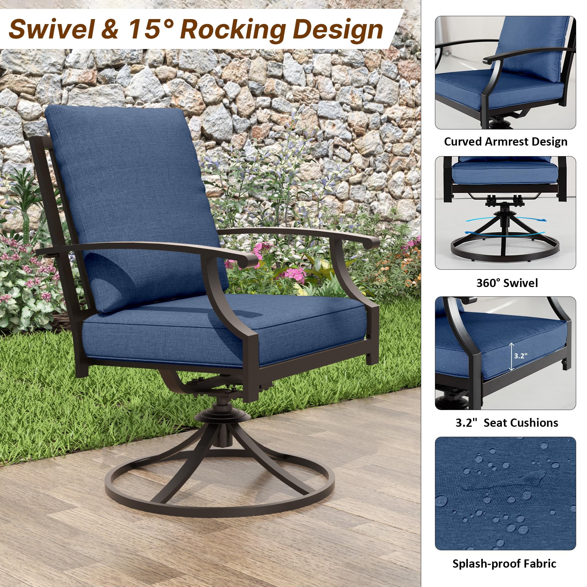 ALAULM 8 Piece Patio Dining Set w/14FT Umbrella, Metal Outdoor Furniture Set w/Rectangular table, 6 Fixed Chairs and Removable Cushions for Patio, Backyard, Garden, Poolside（Navy Blue）