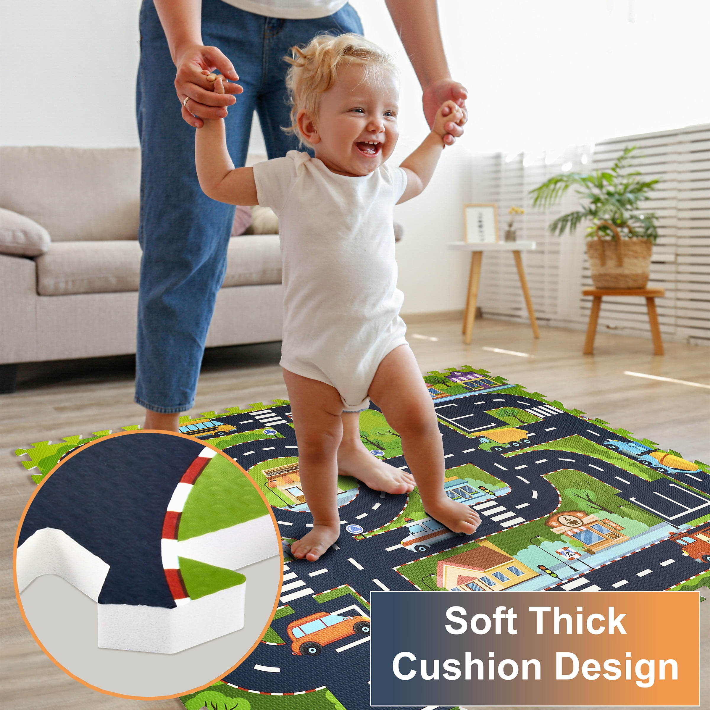 Sorbus Foam Playmat for Kids - Traffic Play Mat for Babies - Interlocking Floor Mats City Road Design - Track Play Rug for Children - Educational Playmat Rug Squares for Toy Cars & Trucks (12 Tiles)