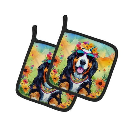 

7.5 x 7.5 in. Unisex Bernese Mountain Dog Hippie Dawg Pot Holders - Set of 2
