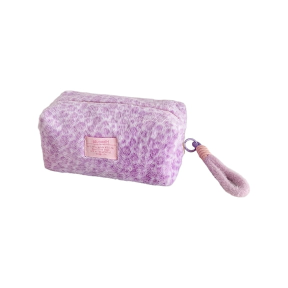 Leopards Print Pencil Bag with Lanyard High Capacity Plush Pencil Case Zippered Travel Makeup Bag for Student Women