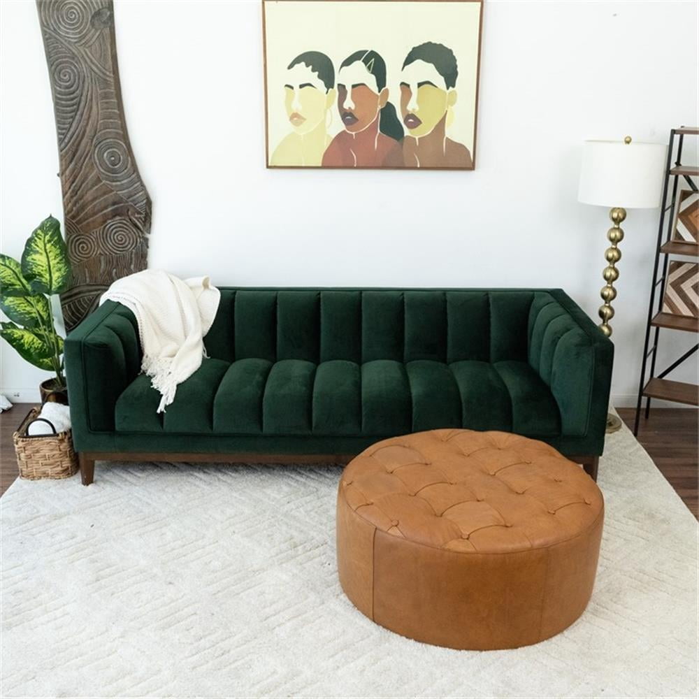 Tamsin Living Room Tan Genuine Leather Round Ottoman