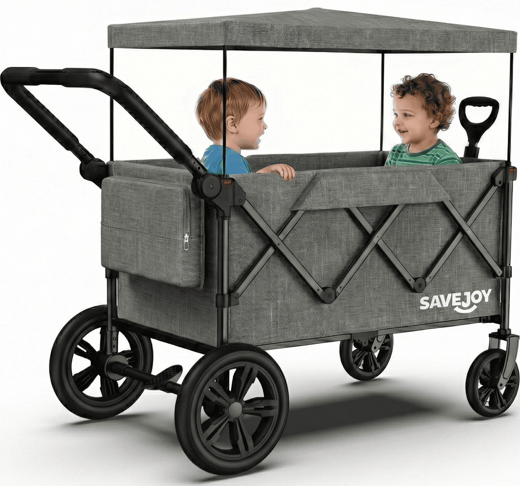 Wagon Stroller for Kids, SaveJoy 3-in-1 Collapsible Stroller Wagon for 2 Toddlers with Removable Canopy, 5-Point Harness, All-Terrain Wheels