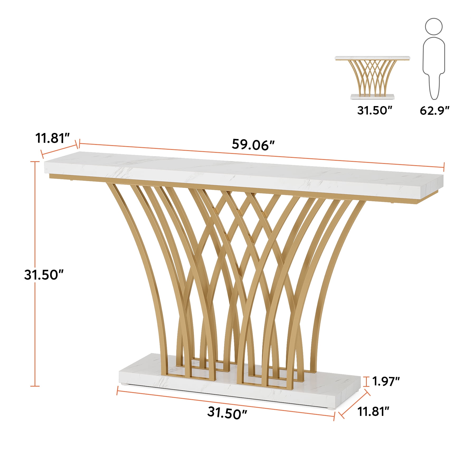 Tribesigns Modern Faux Marble Console Table, 59" Narrow sofa Entryway Tables with Metal Base for Living Room, Hallway and Foyer,White & Gold