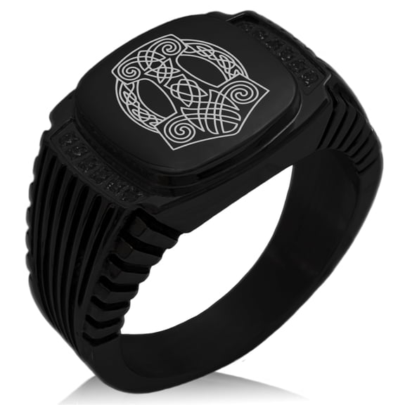 Stainless Steel Majesty Thor's Hammer Mjolnir Viking CZ Ribbed Needle Stripe Pattern Biker Style Polished Ring
