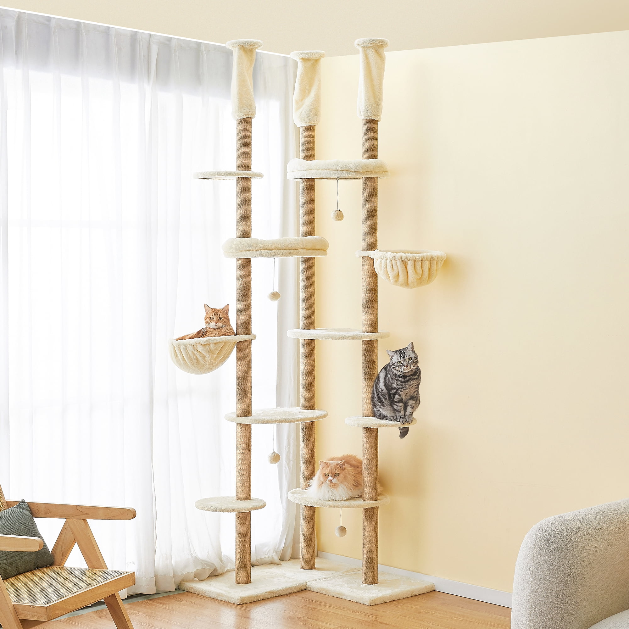 Floor to Ceiling Cat Tree, Tall Cat Tower Adjustable Height (88”-114”=223-290CM), 6-Tier Cat Climbing Tower with 18 Fully Sisal Scratching Posts,Beige