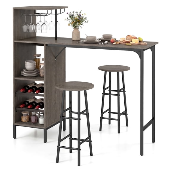 Costway 3 PCS Bar Table and Chairs Set Industrial Pub Table & Stools with Bottle Wine Rack Oak
