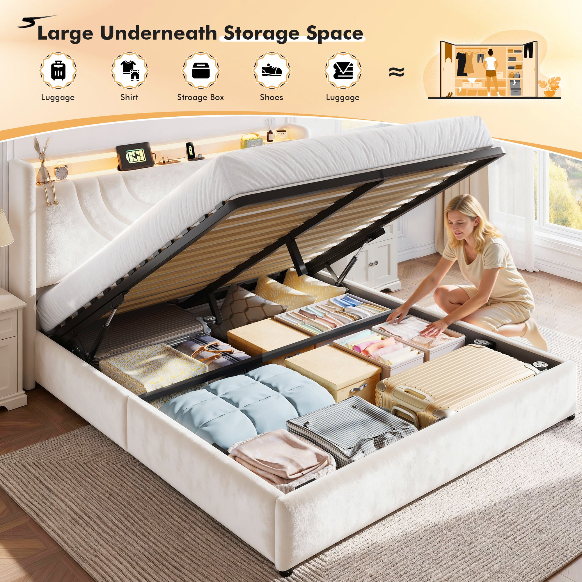 EnHomee Lift up Storage Bed with Headboard Queen Size Bed Frame with LED Light &Charge Station,Beige