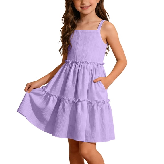 SGFCWSX Girls Summer Dresses Spaghetti Strap Square Neck Ruffle Tiered with Pockets Casual A-Line Kids Daily Wear Dress Purple Size 9 Years