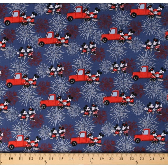 Cotton Mickey and Minnie Mouse Fireworks USA Fourth of July Trucks Cotton Fabric Print by the Yard (69981-B10710)