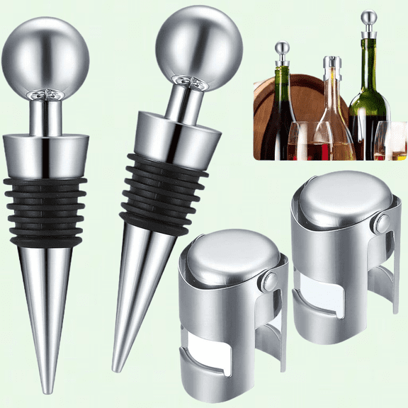 4 PCS Wine Bottle Stopper Champagne Stoppers, Stainless Steel Bottle Saver Sealer
