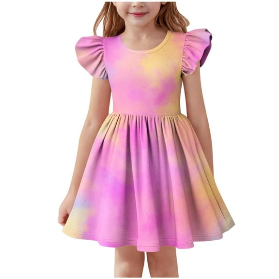 Cethrio Girl's Summer Dresses, A-Line Flutter Sleeve Tie Dye Princess Dresses Birthday Dresses Pink Size 7-8T