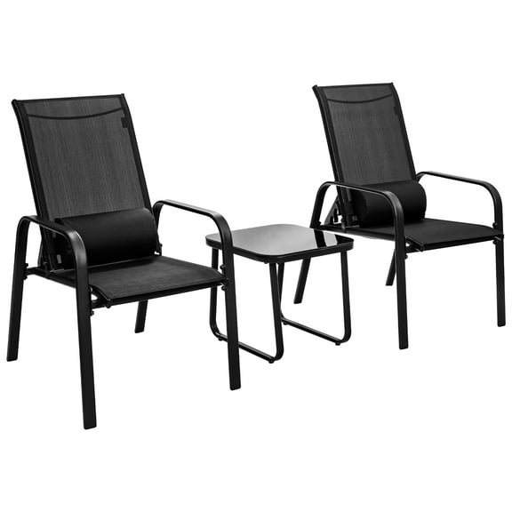 Patiojoy 3PCS Patio Adjustable Back Stackable Chairs Side Table Set Bistro Set Classic Furniture Chair Set for Garden Black