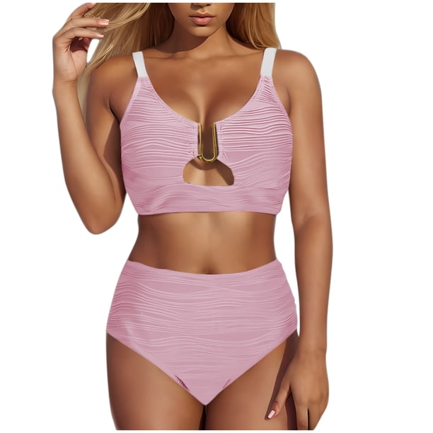 Conjunto de Bikini de Cintura Súper Alta para Mujeres con Cuello en V con Textura Ruched 2025 Traje de Baño de Playa de Verano