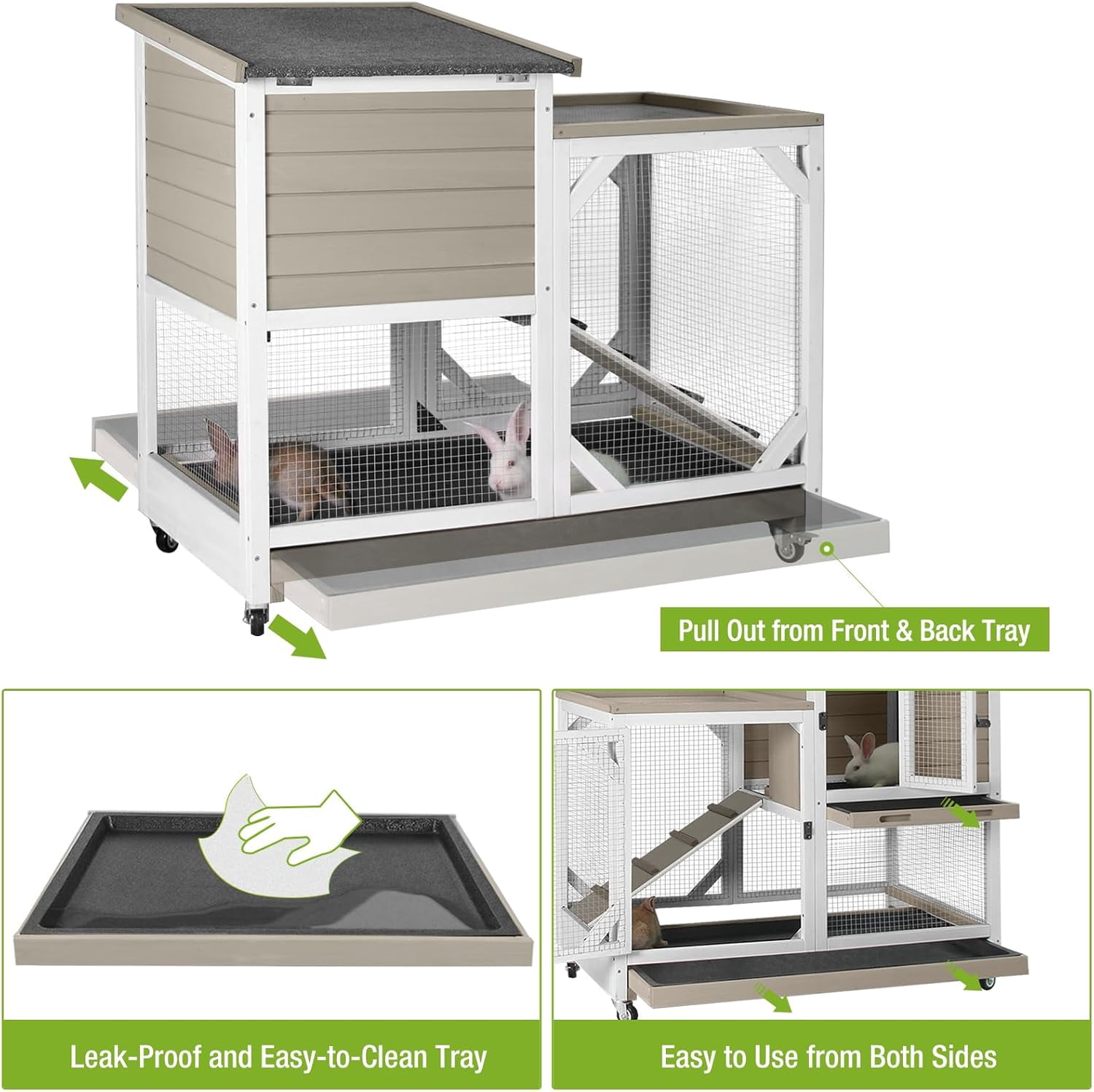 Aivituvin 2-Story Rabbit Hutch with Chew-Proof Ramp & Pull-Out Trays - Indoor/Outdoor 39.3" Wooden Rabbit Cage on Wheels for Rabbits, Guinea Pigs (Light Brown)