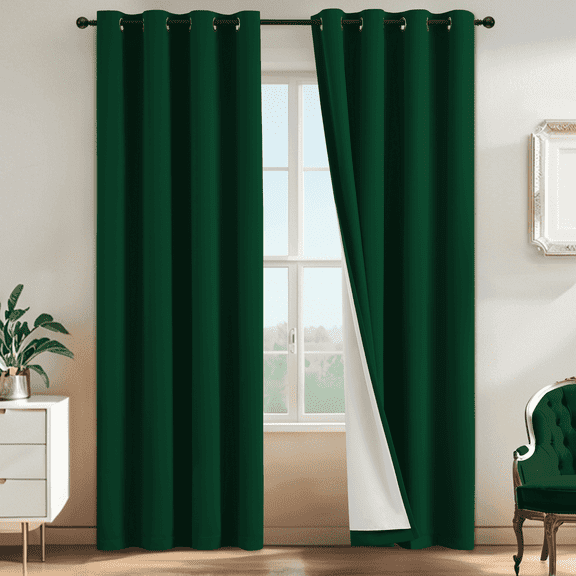 Yakamok 100% Blackout Curtain Panels 84 inches Light Blocking Drapes for Nursery, 2 Thick Layers Thermal Insulated Draperies(2 Pieces, 52 Wide Each Panel,Dark Green Front with White Backing)