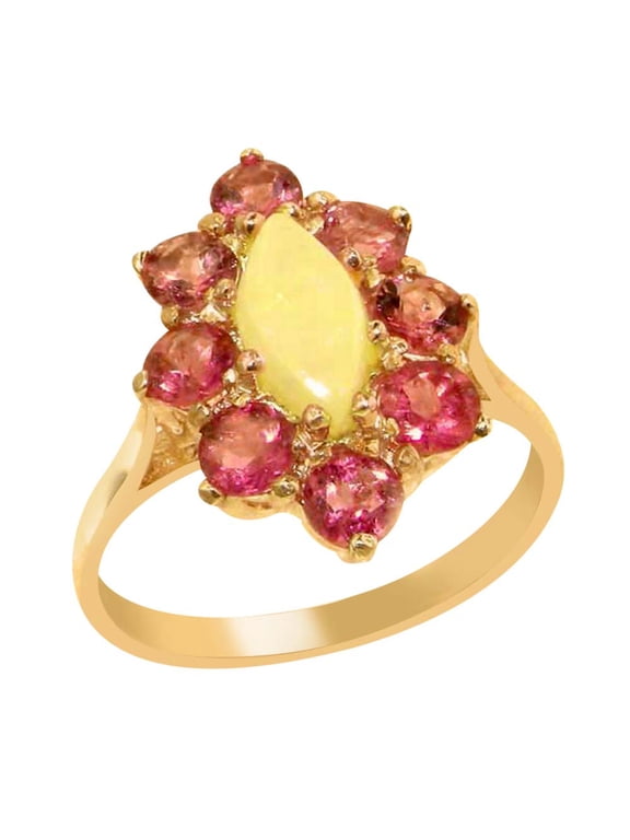 LBG British Made 18k Rose Gold Natural Opal & Pink Tourmaline Womens Promise Ring - 33 size options - Size 4.5