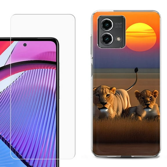 OneToughShield ® for Motorola Moto G Stylus 5G 2023 Shockproof Phone Case, with Tempered Glass Screen Protector - Lion Sunset
