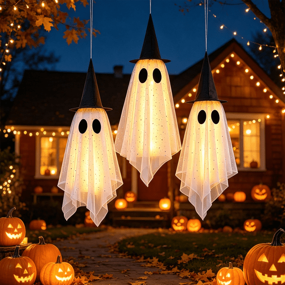 27.5 Inch Outdoor Hanging Halloween Ghost Decorations with Witch Hat Decor, Lighted Indoor Halloween Decorations and Outdoor Halloween Decorations for Haunted House Decorations,