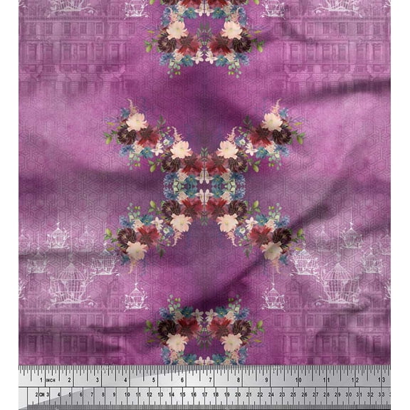Soimoi Purple Cotton Duck Fabric Bird Cage & Peony Floral Printed Fabric 1 Yard 42 Inch Wide
