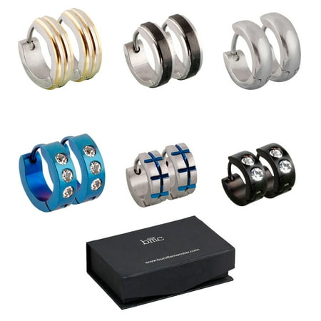 BMC 6pc Mens Stainless Steel Fashionable Multicolor Crystal Studded 4mm Luxury Hinge Snap Hoop Earrings Lot