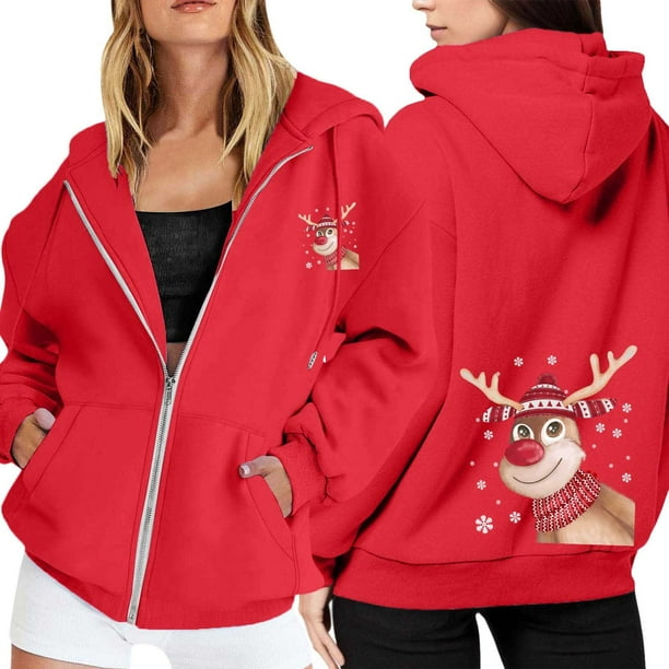 WILLBEST Sudadera Deportiva para Mujer Ladies' Christmas Printed Zipper Long Sleeved Pocket Adjuststring Casual Hooded Sweatshirt 2294 Chica
