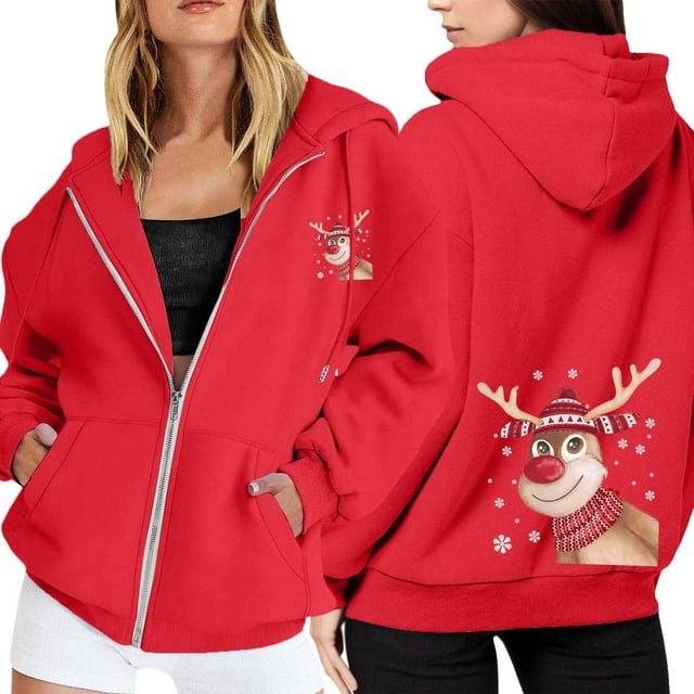 WILLBEST Sudadera Deportiva para Mujer Ladies' Christmas Printed Zipper Long Sleeved Pocket Adjuststring Casual Hooded Sweatshirt 2292 XXX-Grande