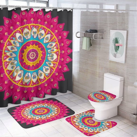 Colorful Mandala Art Print-1 Shower Curtain Set Modern Bathroom Decor Mats 4pcs Fabric Bathroom Curtain Slip Floor Rug Toilet Lid