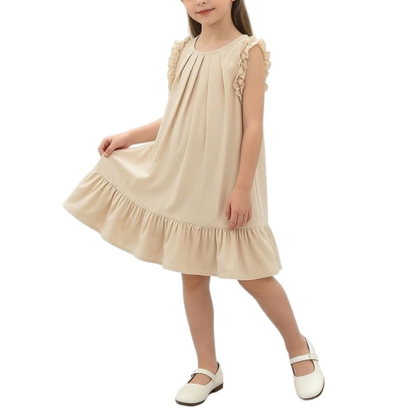 Cethrio Summer Dresses for Girl 2026, Crew Neck Casual Sleeveless Fashion Kids Midi Dresses Beige Size 2-3 T