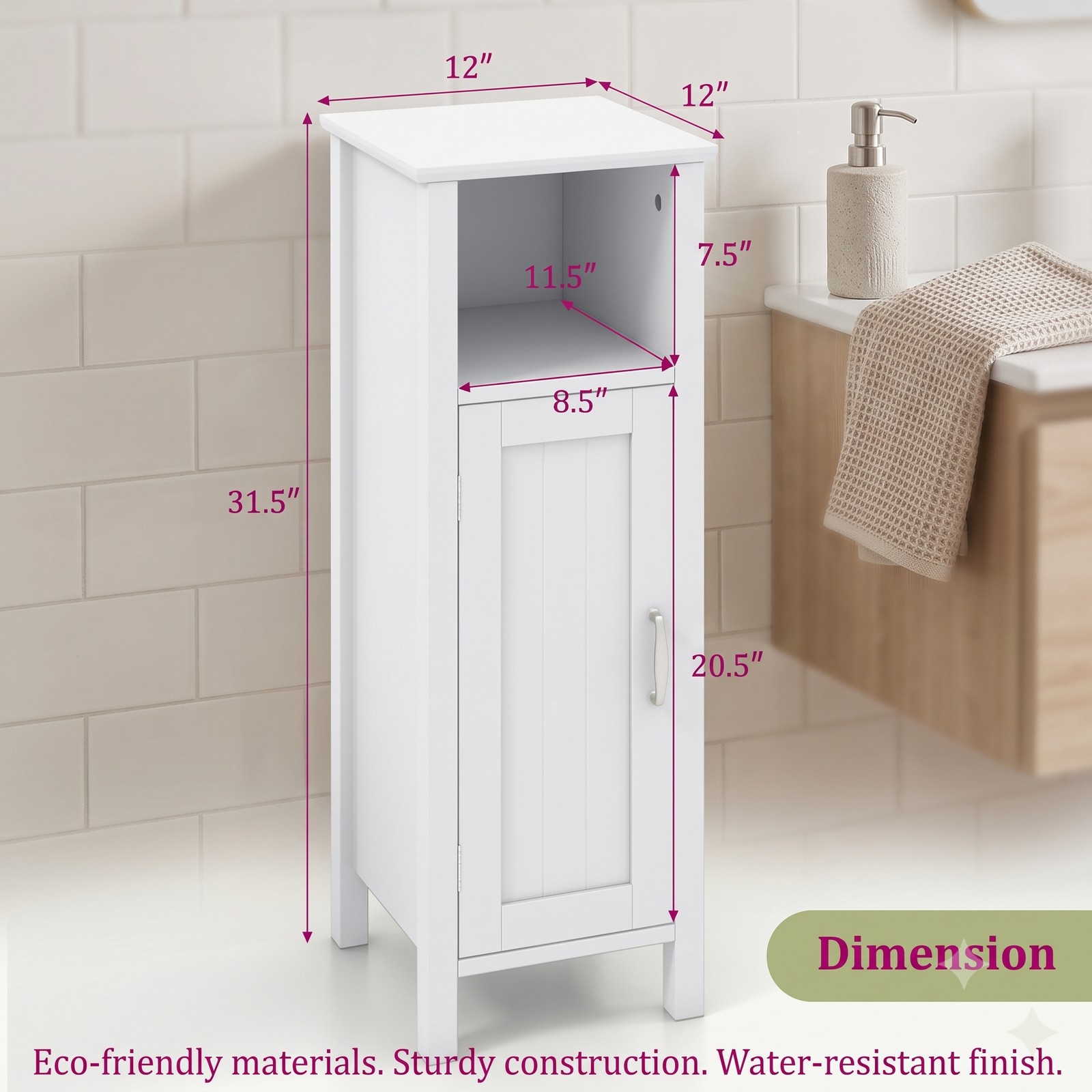 Fenbeli 1-Door Freestanding Bathroom Cabinet with Open Shelf, 2-Tier Floor Storage Organizer and Anti-Tip MDF Corner Cabinet for Bathroom Bedroom Living Room, White