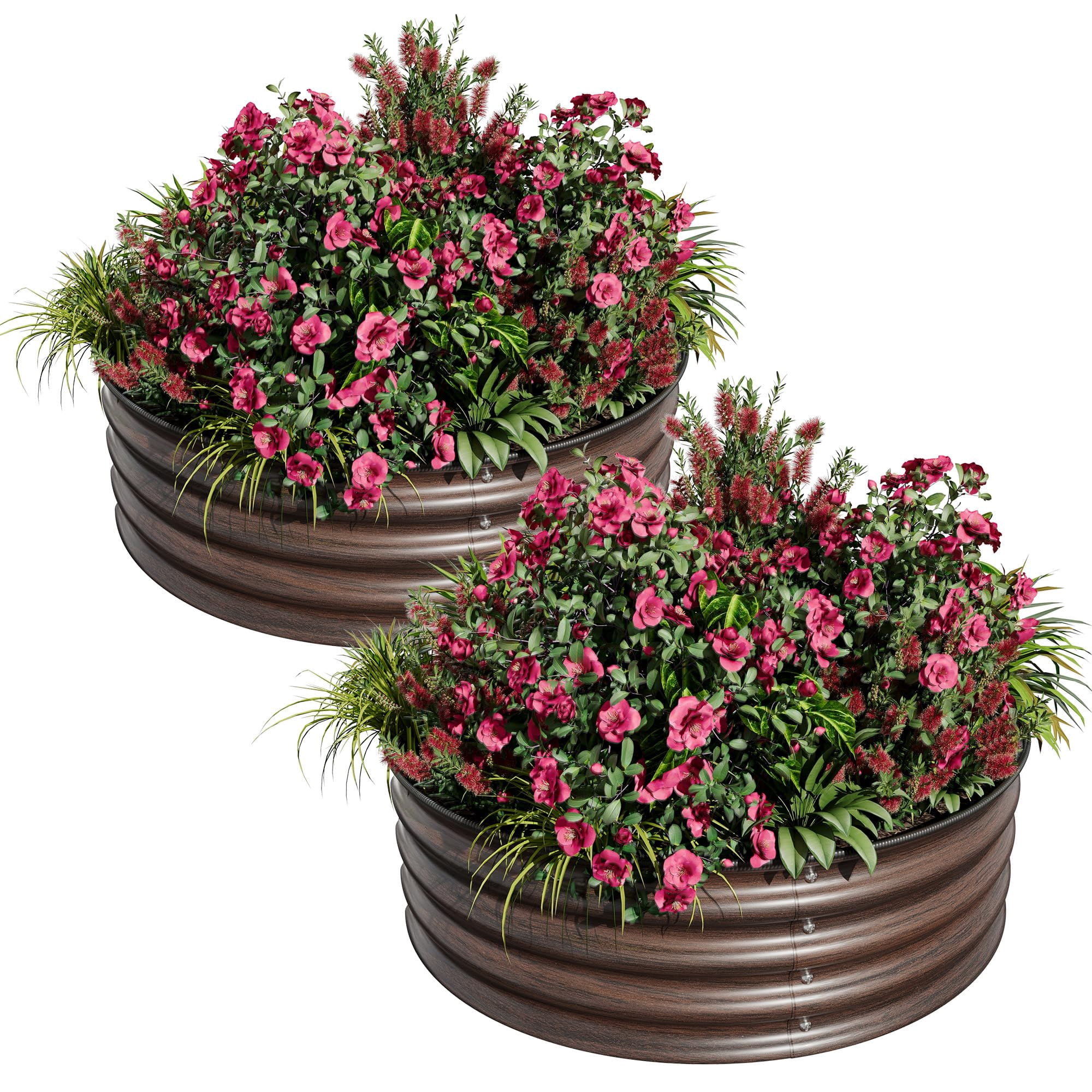 Outdoor Raised Garden Planters – 2-Pack Round Metal Flower Pots with Durable Galvanized Steel, No-Drill Setup, Safe Rubber Trim for Backyard & Balcony
