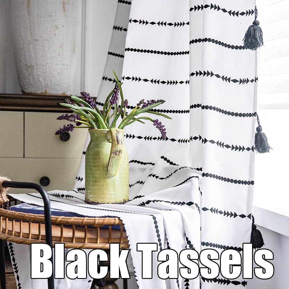 CHUNTIAN Rod Pocket Semi Blackout White Boho Decor Window Curtain with Tassels, Black Striped Geometric Pattern Bohemian Room Drape, Country Chic Cotton Linen Curtain for Bedroom, 52" x 63", 1 Panel