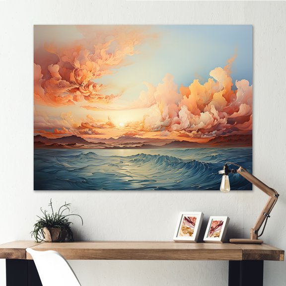 Designart "Sunrise Over the Peach Ocean I" Landscapes Canvas Wall Art