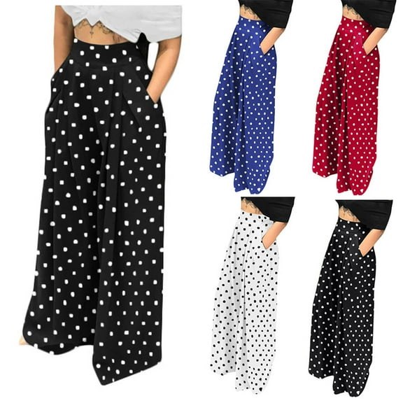 safuny Women's Wide Leg Loose Pants Girls Relaxed Polka Dot Trousers Trendy Teen High Rise Casual Comfy Daily Black L