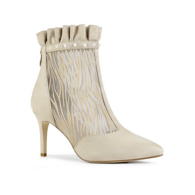 Unique Bargains Women's Mesh Stiletto High Heels Ruffle Prom Ankle Boots Beige 6.5