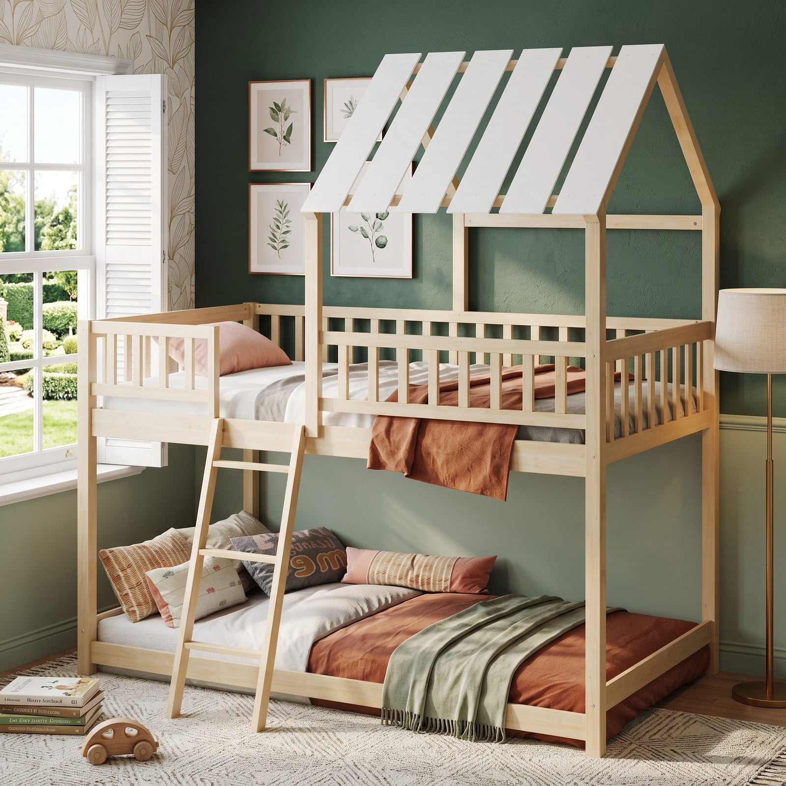 Furnibear House Bunk Bed with Roof and Full-length Guardrails Wood Low Floor Bed for Kids Teens Boys and Girls Bedroom, Natural