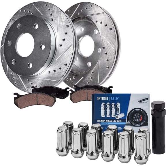 Detroit Axle - Front Brake Kit for Chevy GMC Silverado Sierra Suburban Express Savana 1500 Yukon Drilled Rotors Ceramic Brake Pads Wheel Lug Nuts w/key: 12.01" Rotor