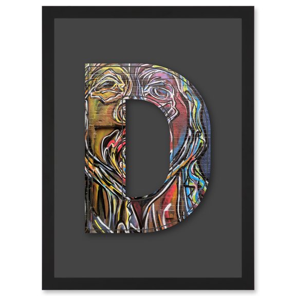 Letter D Multicoloured Face Wall Decorative Graffiti Mural Alphabet Initial Stencil Artwork Framed Wall Art Print A4